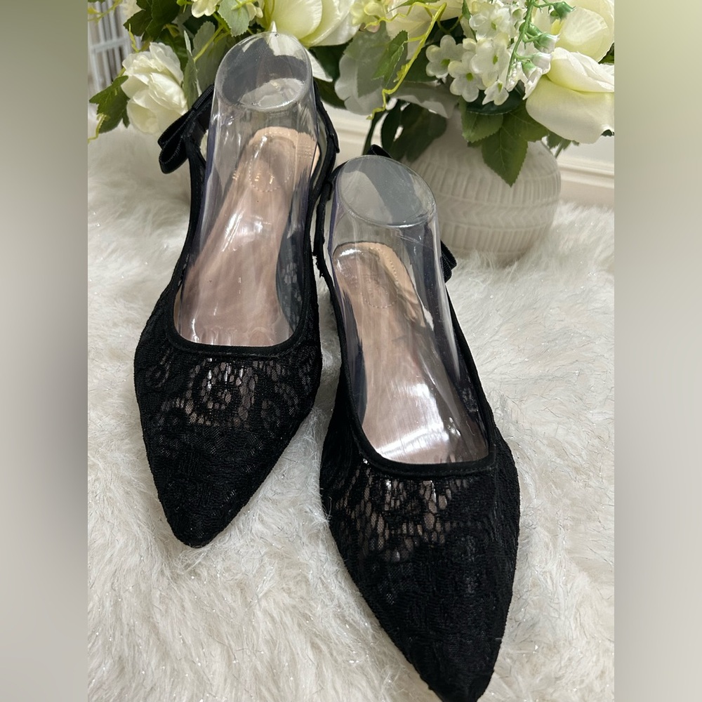 Black Lace Pointed Toe Slingback Flats - Women